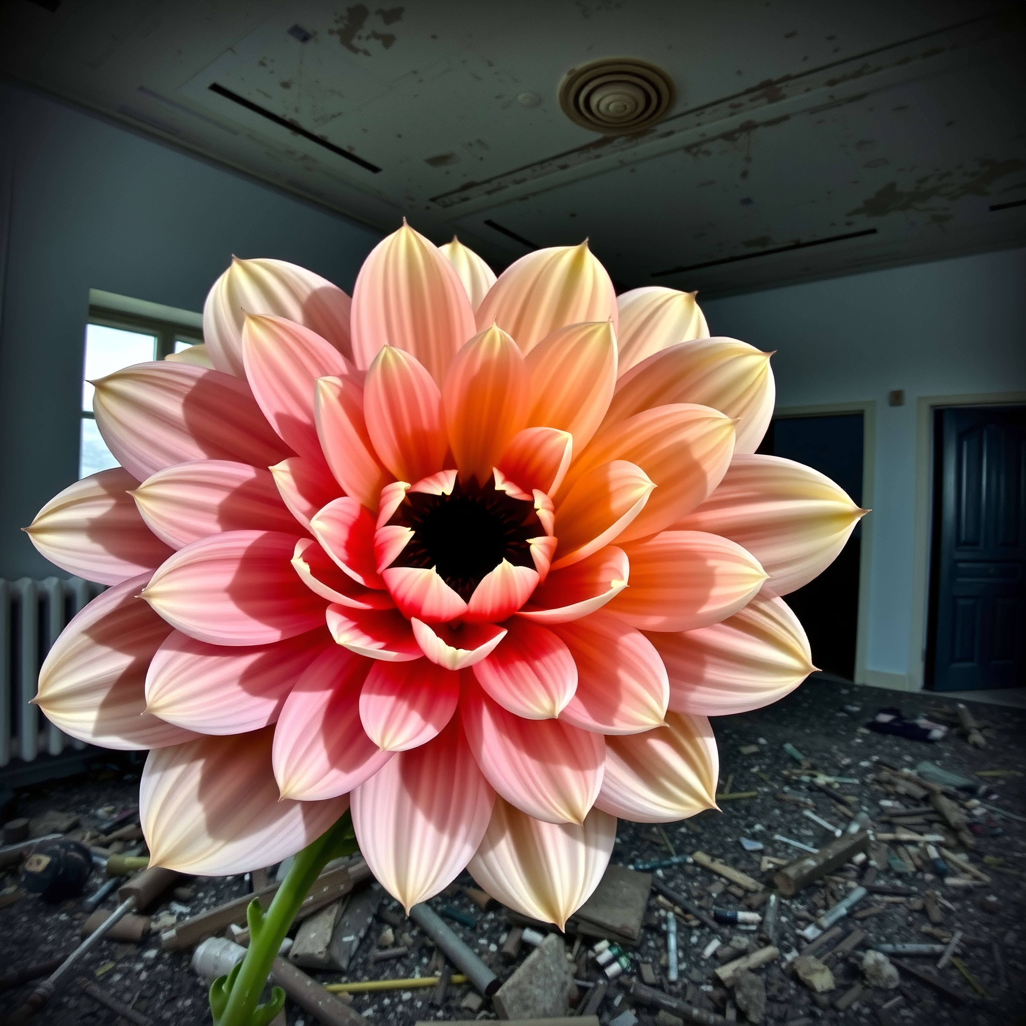 A vibrant dahlia flower brightens up an abandoned room.