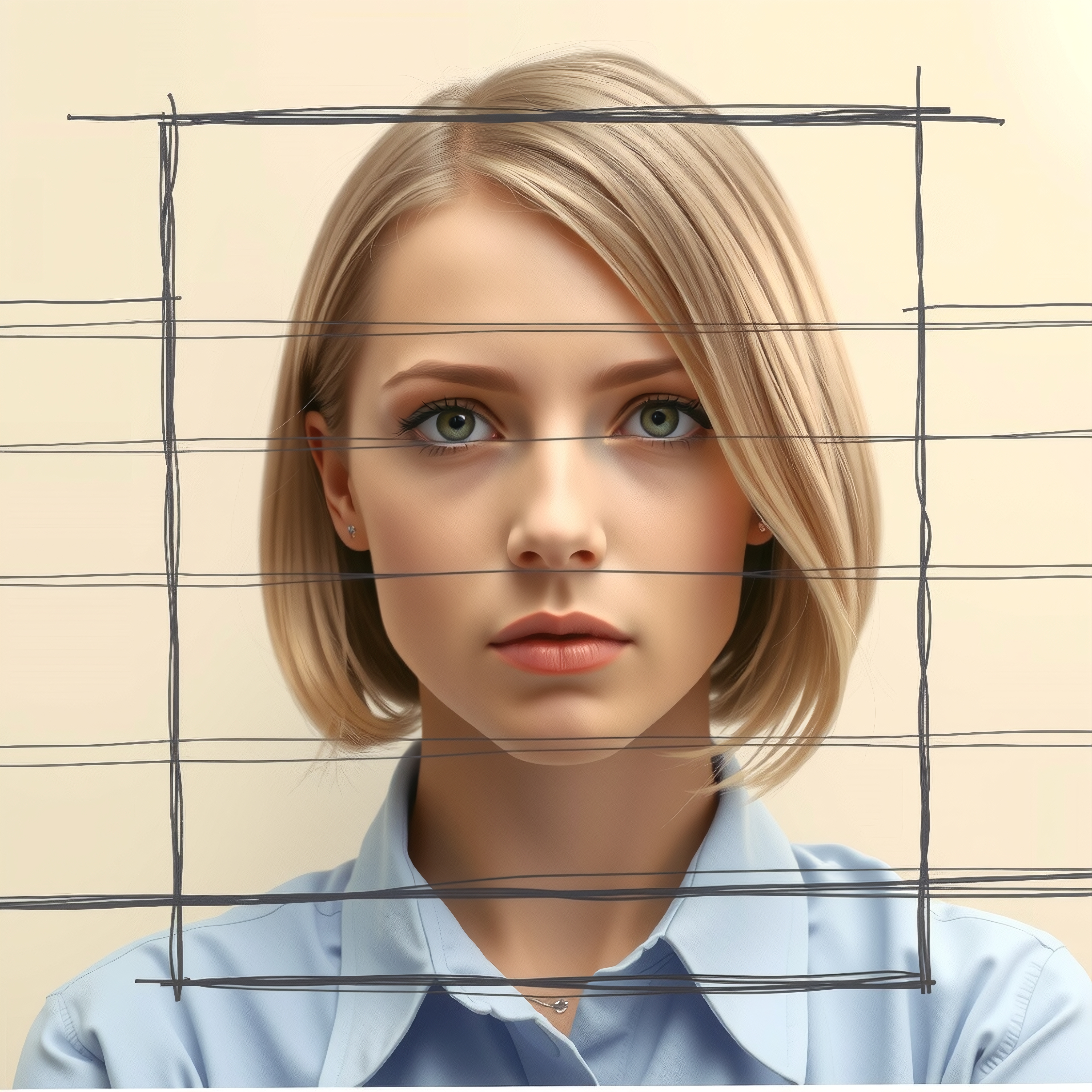 A woman with blonde hair, wearing a light blue shirt, looks forward with abstract intersecting lines across her face.
