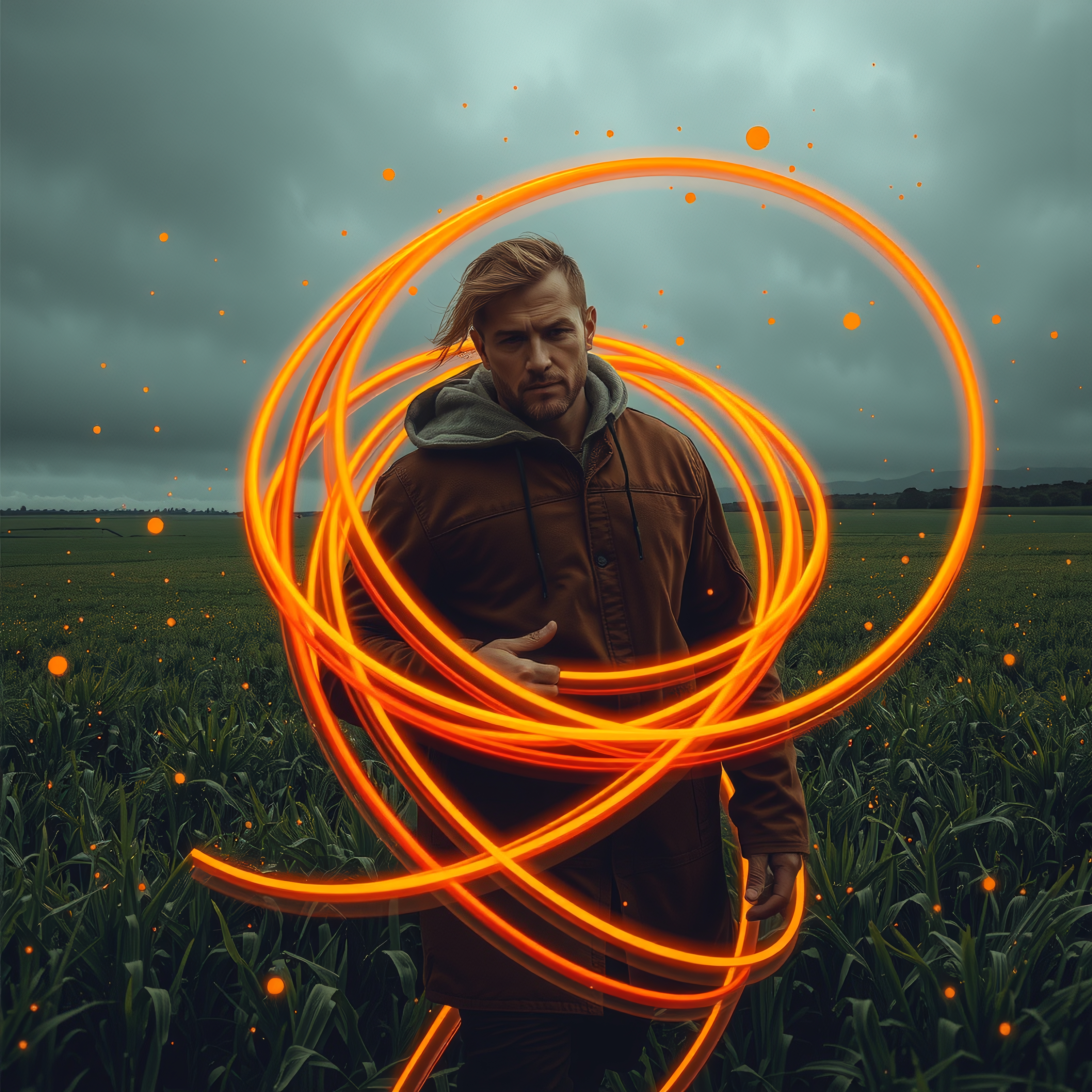 A man in a field with swirling orange light trails, under a cloudy sky, creating a mysterious and dynamic atmosphere.