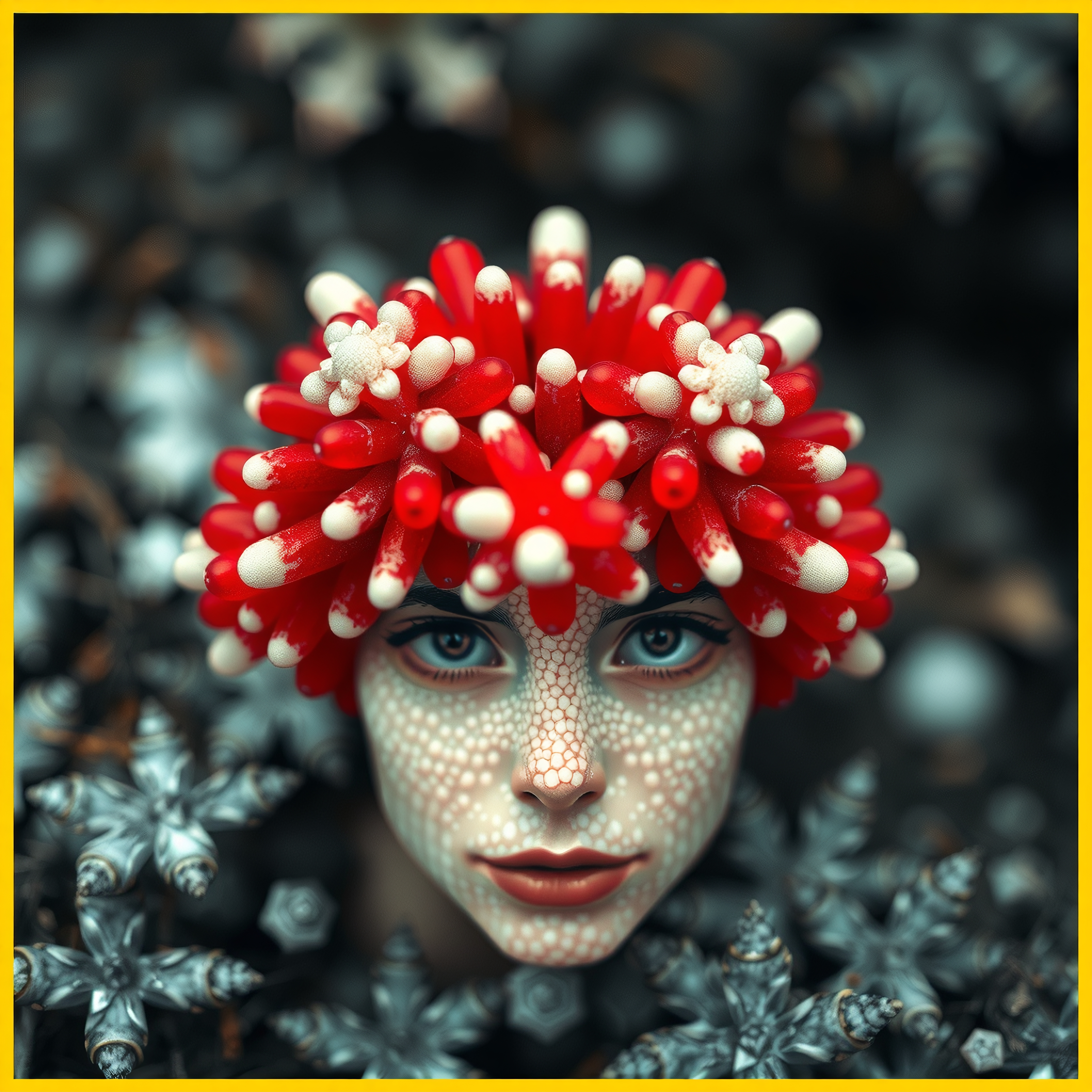 A woman with a red and white floral headdress stands in a surreal, nature-inspired setting.