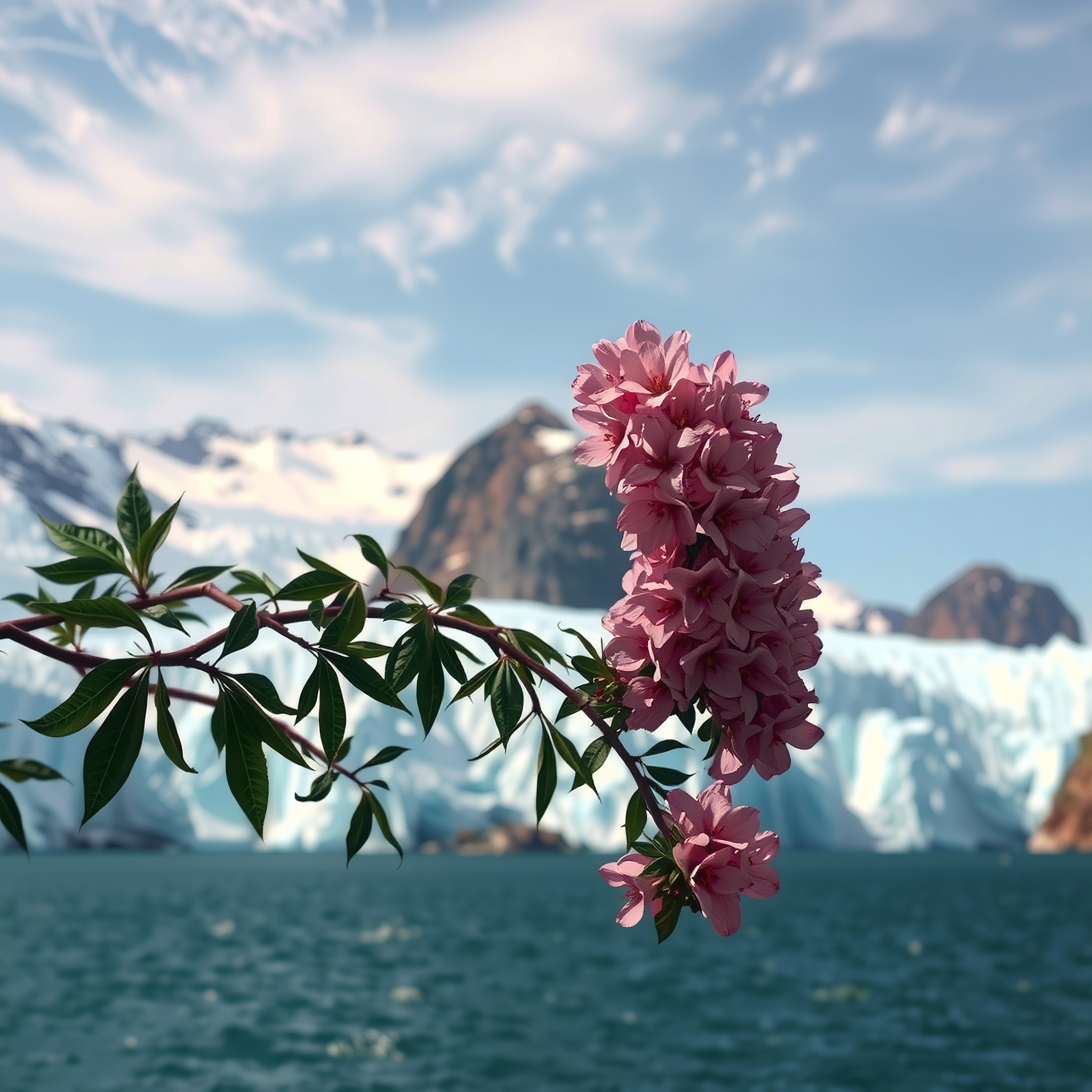 Vibrant pink flowers in bloom against a backdrop of icy glaciers and snow-capped mountains under a clear blue sky.